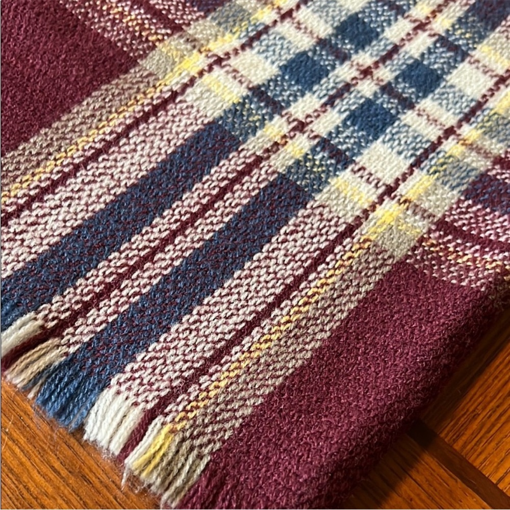 Roots | Size 45”x45”  Burgundy, Blue, Yellow & White Plaid Scarf/Shawl - Picture 4 of 7